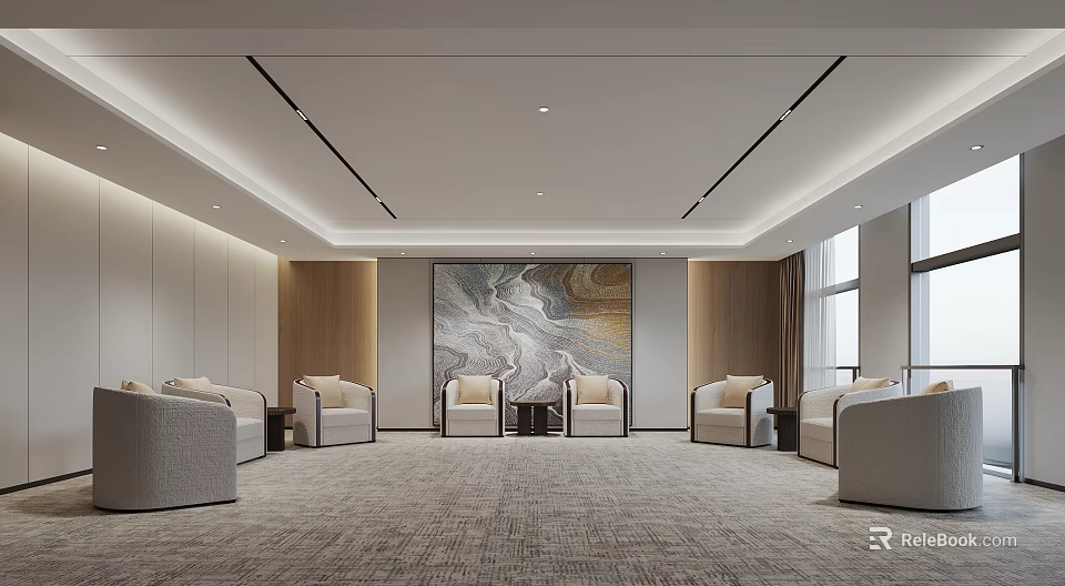 Modern Reception Room Interior Design With Beige Sofa Wooden Walls Large Decorative Painting Carpet And Lighting 3d model 