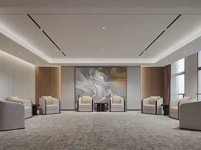 Modern Reception Room Interior Design With Beige Sofa Wooden Walls Large Decorative Painting Carpet And Lighting 3d model