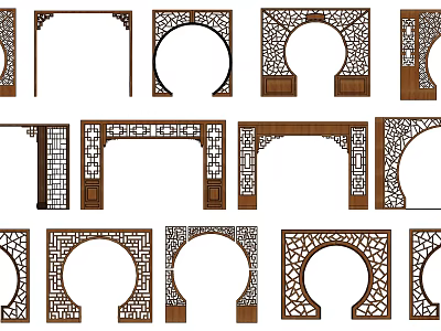 Traditional Chinese Style Wooden Door Arches With Carved Patterns And Various Designs 3d model