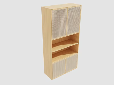 Light Wood Bookcase With Mesh Door Cabinets And Open Shelves Design 3d model