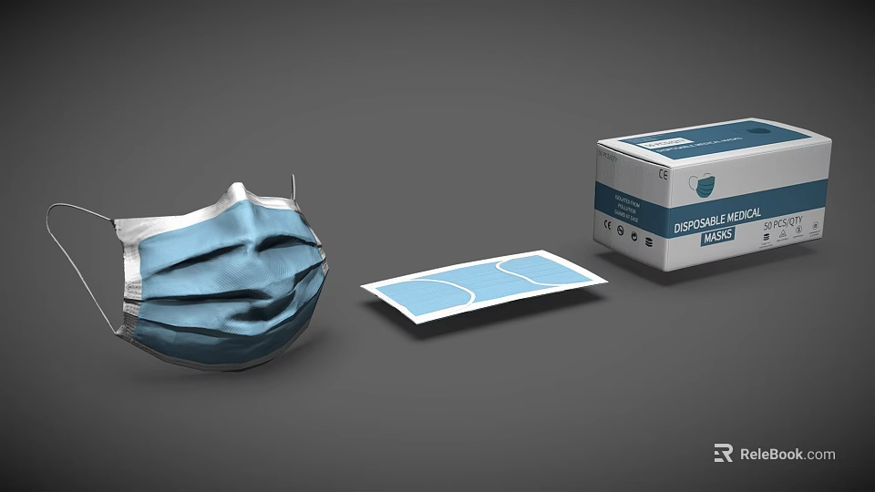 Disposable Medical Mask With Blue Face Cover Individually Wrapped Pack And Packaging Box 3d model 