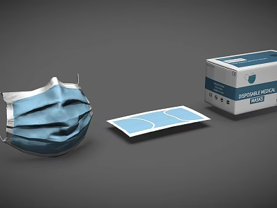 Disposable Medical Mask With Blue Face Cover Individually Wrapped Pack And Packaging Box 3d model