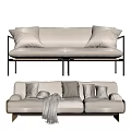 Modern Sectional Sofa With Beige Upholstery Multiple Pillows And Throw Blanket 3d model