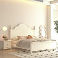 Stylish White Double Bed With Curved Headboard Soft Pillows Nightstand Lamp And Mirror