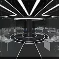 Modern Public Office Space with Glass Partitions Geometric Lighting Blue Accent and Open Workstations