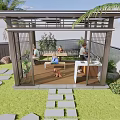 Outdoor Garden Pergola Design With Palm Trees Lawn And Stone Path