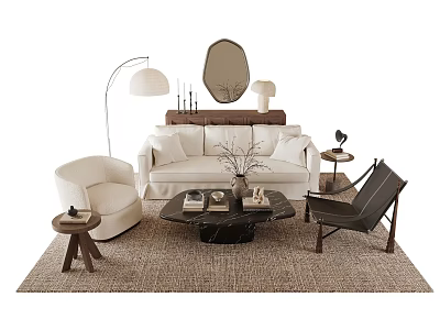 Modern Cream White Sofa And Black Marble Coffee Table Combination For Cozy Stylish Living Room 3d model