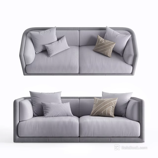 Gray Fabric Two Seater Sofa With Multiple Soft Cushions And Patterned Decorative Pillow 3d model