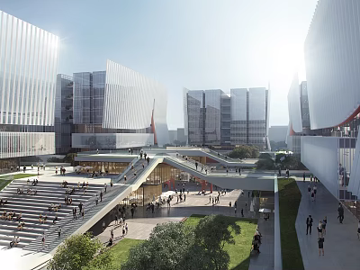 Modern Office Building Exterior With Glass Curtain Wall Plaza Pedestrians And Greenery 3d model