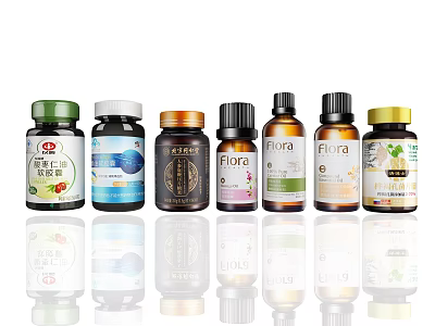 Various Health Supplement Bottles With Different Brands Colored Caps And Labels 3d model