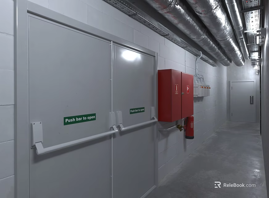 Red Fire Safety Equipment In Corridor With Double Doors Green Signs And Metal Ducts 3d model 