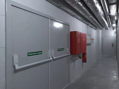 Red Fire Safety Equipment In Corridor With Double Doors Green Signs And Metal Ducts 3d model