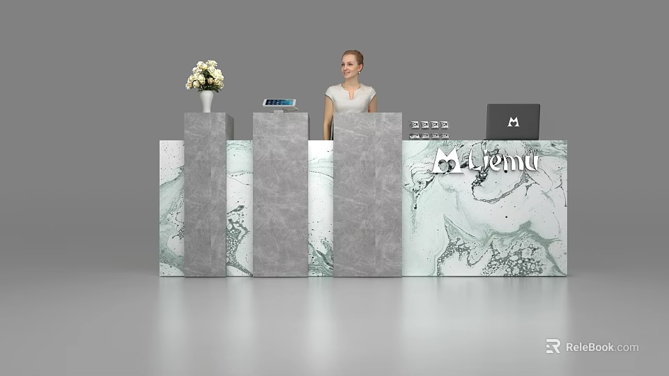 Modern Reception Desk With Marble Design Receptionist Flower Vase Tablet And Mojinn Logo 3d model 