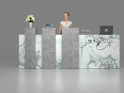 Modern Reception Desk With Marble Design Receptionist Flower Vase Tablet And Mojinn Logo 3d model