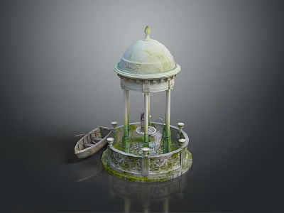 Ornate Classical Gazebo With Dome Columns And Decorative Base Beside Wooden Boat 3d model