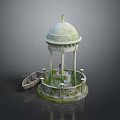 Ornate Classical Gazebo With Dome Columns And Decorative Base Beside Wooden Boat