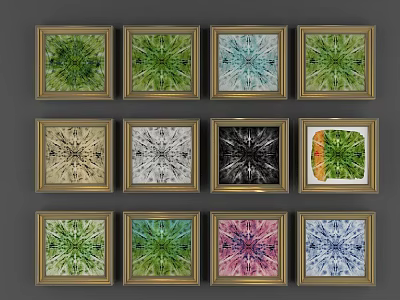 Multiple Framed Abstract Paintings With Diverse Colorful Patterns And Artistic Designs 3d model