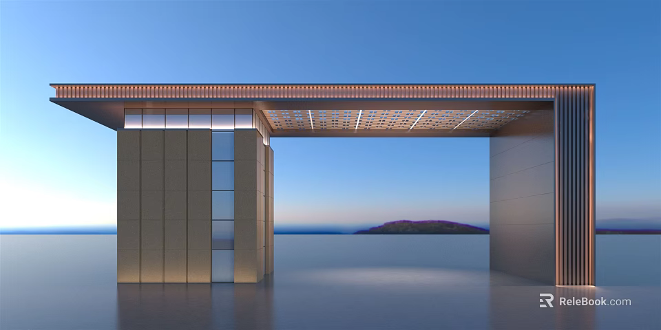 Modern Entrance Gate Design Featuring Stone Pillars Glass Panels And Ocean View 3d model 