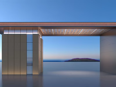 Modern Entrance Gate Design Featuring Stone Pillars Glass Panels And Ocean View 3d model