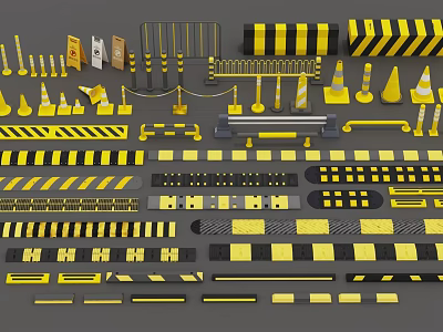 Municipal Road Traffic Facilities Including Cones Barriers Warning Tapes And Signs 3d model