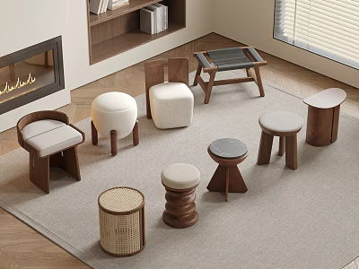 Various Modern Stools With Different Designs Wooden Rattan And Soft Cushions For Living Room 3d model