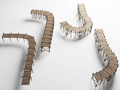 Multiple Curved Wooden Bridges With Simple Structure And Support Legs Design 3d model