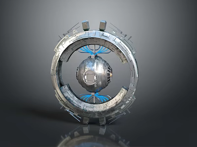 Futuristic Space Station Model Featuring Circular Metallic Framework Spherical Core And Blue Accents 3d model