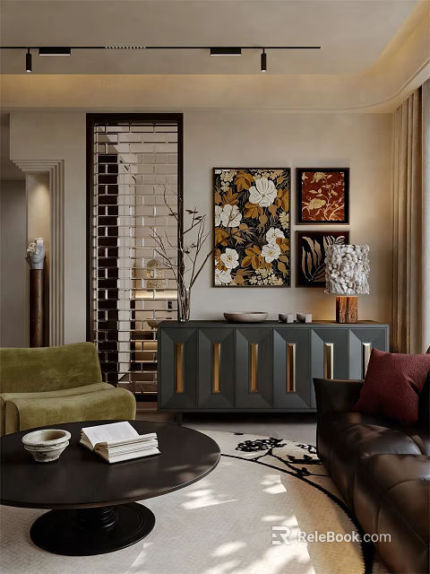 Elegant Retro Style Living Room Interior With Wall Art Decor Glass Partition And Exquisite Furniture 3d model 