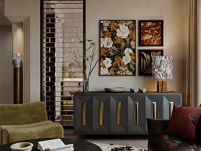 Elegant Retro Style Living Room Interior With Wall Art Decor Glass Partition And Exquisite Furniture 3d model