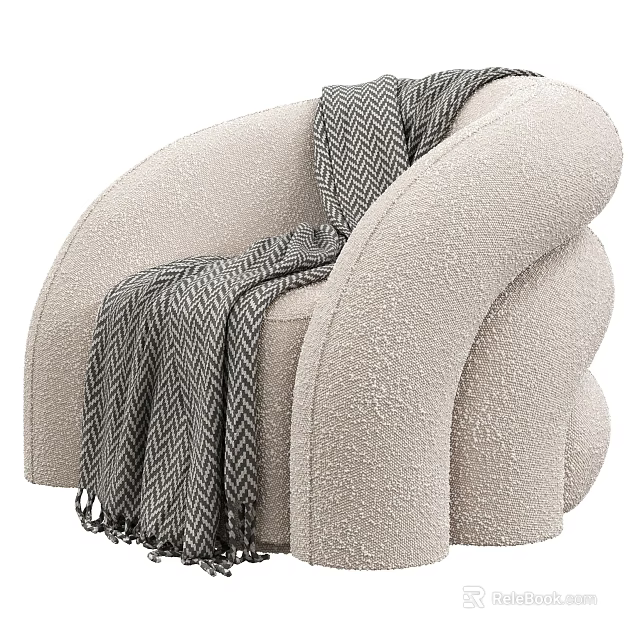 Plush Beige Single Sofa With Curved Design And Herringbone Throw Blanket 3d model 