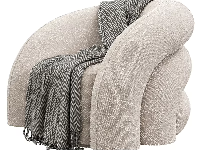Plush Beige Single Sofa With Curved Design And Herringbone Throw Blanket 3d model