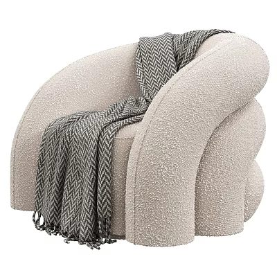 Plush Beige Single Sofa With Curved Design And Herringbone Throw Blanket 3d model