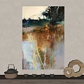 Modern Abstract Painting With Colorful Textures And Tea Set Decorative Ornaments