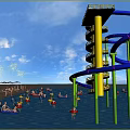 Water Park with Blue Yellow Slides Green Pillars People Enjoying Activities Near Palm Trees Beach