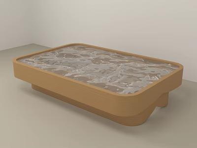 Modern Rectangular Coffee Table With Wooden Frame And Textured Glass Top 3d model