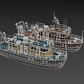 Vintage Ships with Yellow Blue Hulls and Rustic Brown Structures on Dark Background