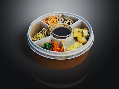 Round Divided Lunch Box With Noodles Vegetables Tofu And Central Sauce 3d model