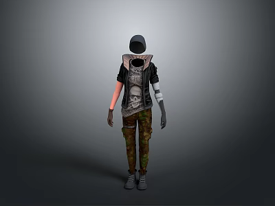 3D Character Model With Skeleton Skull T Shirt Gray Vest And Camouflage Pants 3d model
