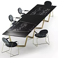Modern Rectangular Dining Table Set With Grey Upholstered Chairs And Gold Metal Frames 3d model