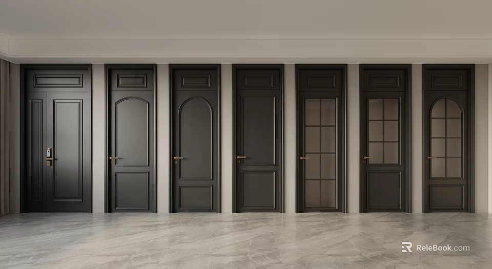Black Hinged Doors With Various Designs Glass Panels Solid Panels And Golden Handles 3d model 