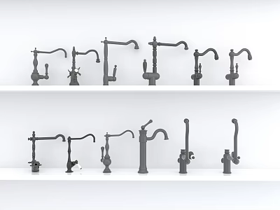 Multiple Black Faucets With Various Designs And Styles On White Shelves 3d model