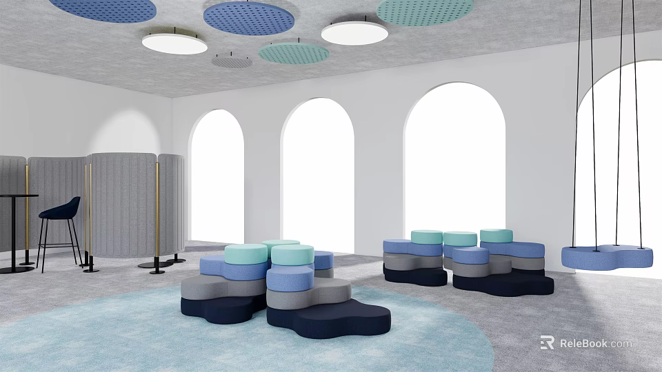 Modern Lounge Area With Arched Windows Colorful Ottomans And Circular Ceiling Panels 3d model