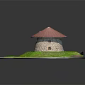 Circular Stone Building Model On White Base With Red Roof And Green Grass