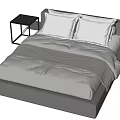 Modern Double Bed with Gray Headboard White Pillows Gray Blanket and Black Nightstands