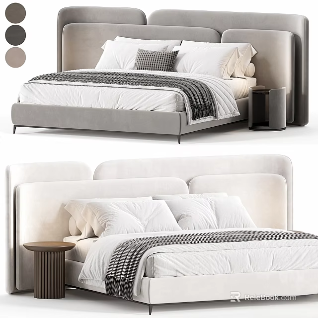 Modern Double Bed With Upholstered Headboard Soft Mattress Plush Pillows And Nightstand 3d model 