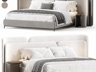 Modern Double Bed With Upholstered Headboard Soft Mattress Plush Pillows And Nightstand 3d model