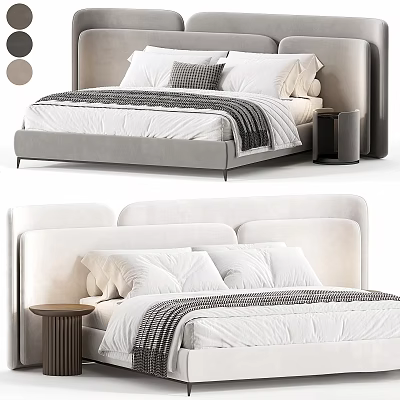 Modern Double Bed With Upholstered Headboard Soft Mattress Plush Pillows And Nightstand 3d model