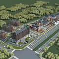 Aerial Planning of Community Area with Red Brick Buildings Parking Lot Road and Green Trees