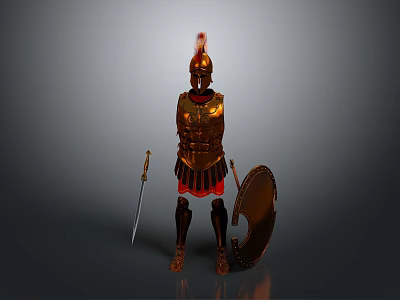 Roman Warrior Weapons Including Golden Sword and Red Accent Shield with Armor 3d model