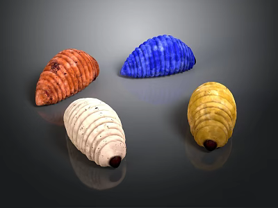 Colorful Textured Caterpillars in Red Brown Blue White and Yellow on Dark Background 3d model
